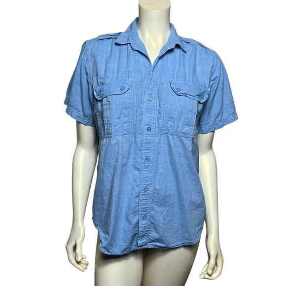 Revenge Shirtmakers Vintage Blue Chambray Military Style Button Down Size M - Picture 1 of 9